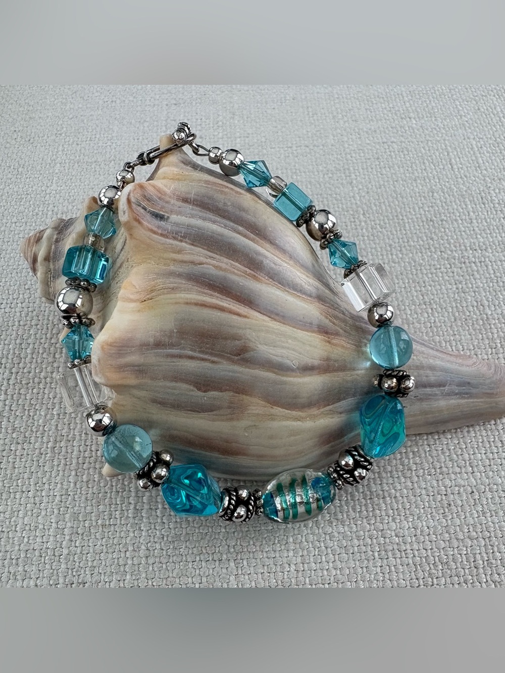 Caribbean Blue Color Beads, Sterling Silver, Bali Beads & Toggle Bracket. 7 Inch